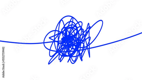 Fototapeta Abstract blue scribble line on transparent background. Illustrating emotional chaos, stress, confusion transitioning into clarity and balance. For mental health, therapy, education, presentations