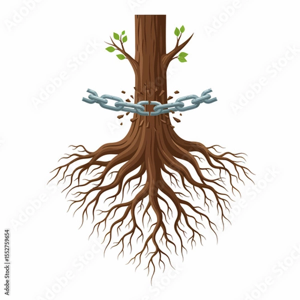 Fototapeta Chain around strong tree trunk and roots symbolizing breaking free from restriction and growth