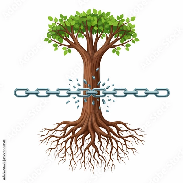 Fototapeta Symbolic Image of a Strong Tree Breaking a Metal Chain with its Roots and Branches Representing Freedom Strength Resilience