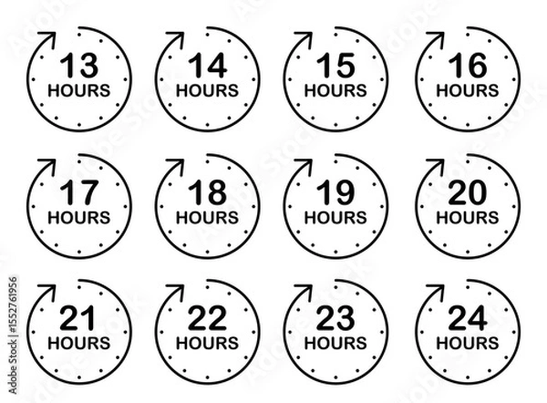 Fototapeta Monochrome timer icons from 13 to 24 hours for digital planning and schedule breakdowns, Clock Countdown Vector