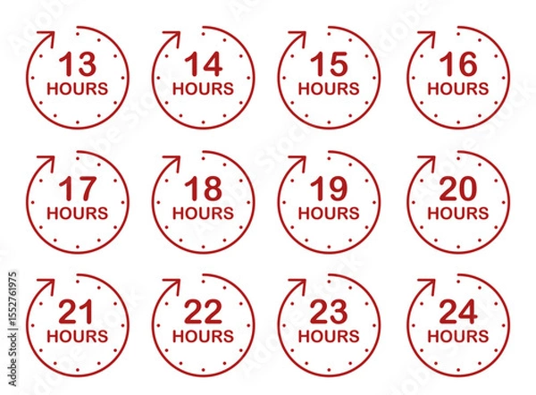 Fototapeta Red timer icon set from 13 to 24 hours for time tracking and daily schedule planning, Clock Countdown Vector