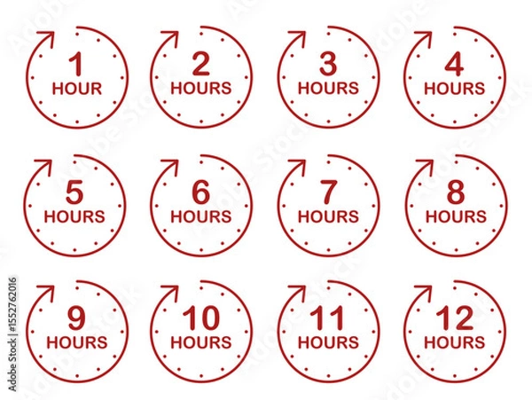 Fototapeta Red hourly countdown timer stickers from 1 to 12 hours for productivity planners and time management, Icon Set