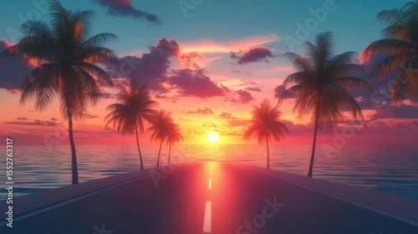 Fototapeta Road lined in Palm Trees,coastal boulevard lined with tall palms on the beach,Beach paradise,Summer beach vibes,Holliday road trip by vehicle.