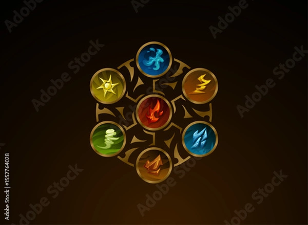 Obraz magic circle amulet nature elemental symbol badge in fantasy gold frame. fire, water, lightning, ice, earth, wind, sun icon