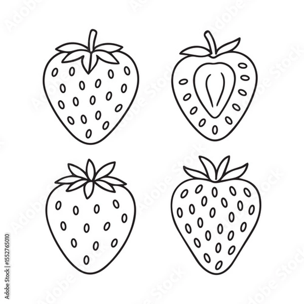Fototapeta Linear black and white set of strawberry illustrations