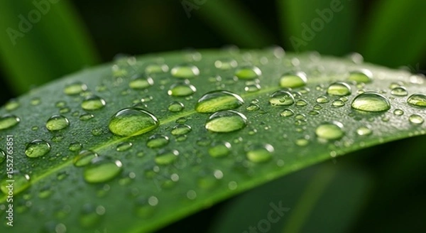 Fototapeta Close up of a green leaf with water droplets showing texture and detail