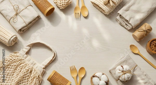 Fototapeta Sustainable lifestyle essentials flat lay on wooden backdrop with soft shadows