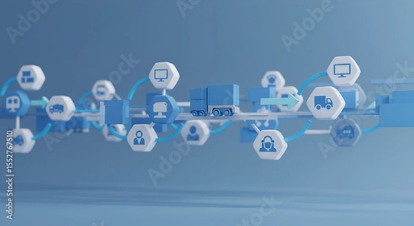 Fototapeta Digitally connected logistics network with transportation truck and information flow
