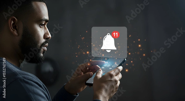 Fototapeta Connected communication, man interacting with vibrant notifications on his phone