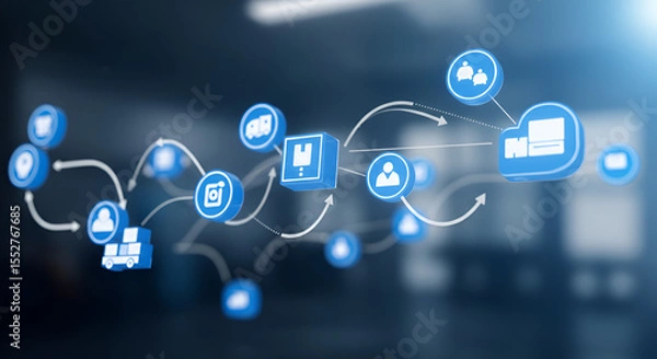 Fototapeta Illustrative supply chain network depicting product flow and customer engagement solutions