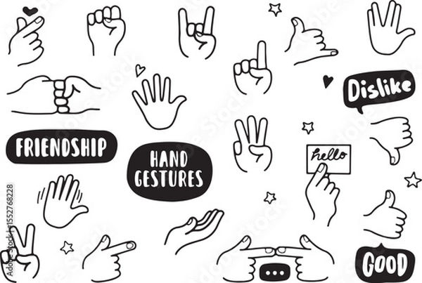 Fototapeta Hand Gesture Doodle Set – Signs, Communication, Fingers, Symbolic, Expression, Body Language