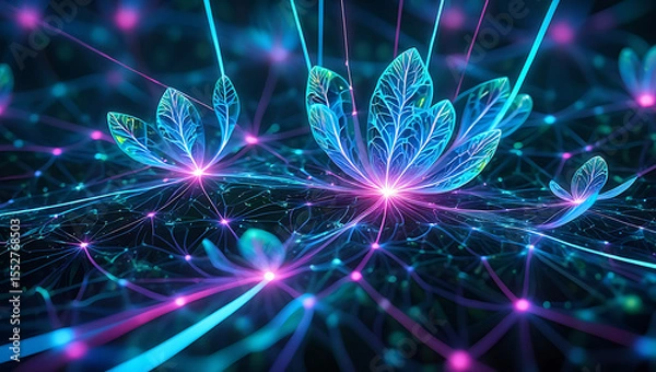 Obraz Glowing neon lotus flowers bloom amidst a digital network of light: Quantum Garden Ecosystems: Quantum Garden Ecosystems