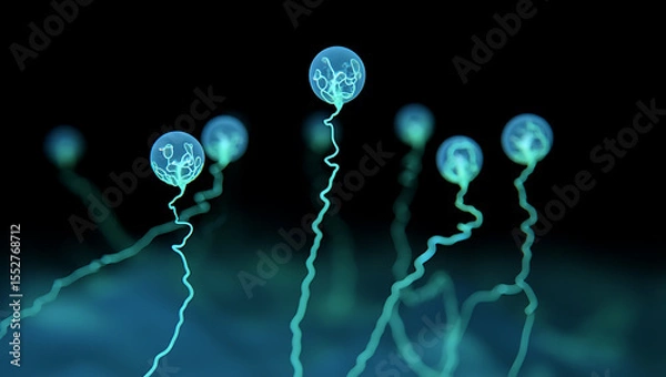 Obraz Abstract glowing blue spheres with intricate internal structures connected by luminous wavy lines against a dark background: Quantum Garden Ecosystems