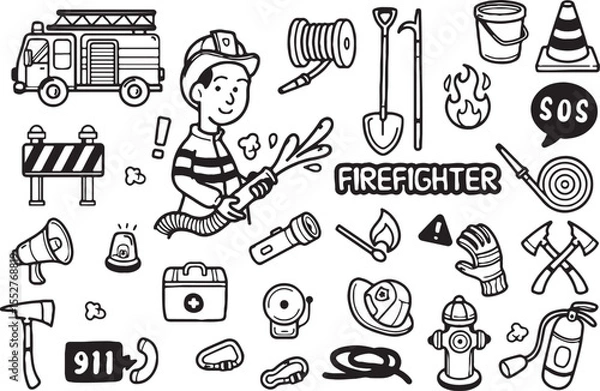 Fototapeta Firefighter Doodle Set – Rescue, Fire Safety, Uniform, Emergency, Hose, Brave