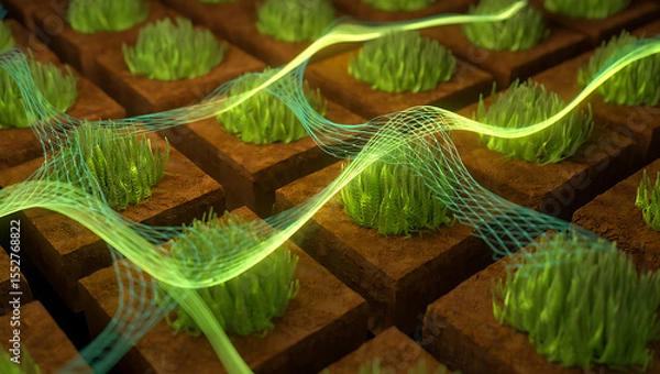 Obraz Abstract glowing green energy waves flowing over rows of miniature green plants on brown soil squares: Quantum Garden Ecosystems