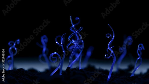 Obraz Ethereal blue tendrils of light emerge from dark soil in a surreal glowing botanical display: Quantum Garden Ecosystems