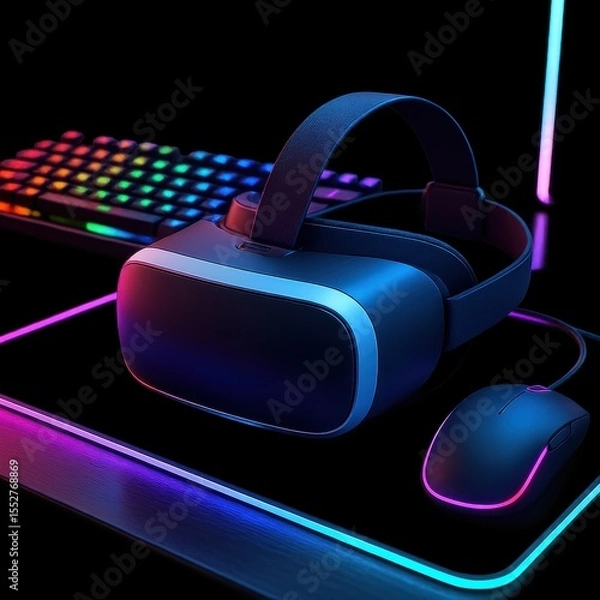 Fototapeta VR gaming setup: A state-of-the-art virtual reality headset, mouse, and keyboard on a gaming surface, lit with the vibrant glow of neon lights.