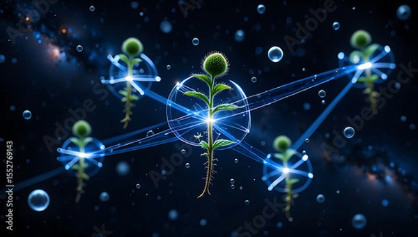 Obraz Interconnected green sprouts glowing with blue energy in a cosmic nebula: Quantum Garden Ecosystems