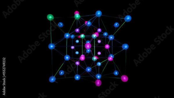 Obraz Abstract glowing molecular structure with interconnected nodes and vibrant colored spheres against a black background