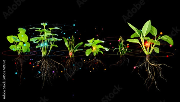 Obraz Diverse plant growth stages with glowing particles and orbital rings against a black background: Quantum Garden Ecosystems