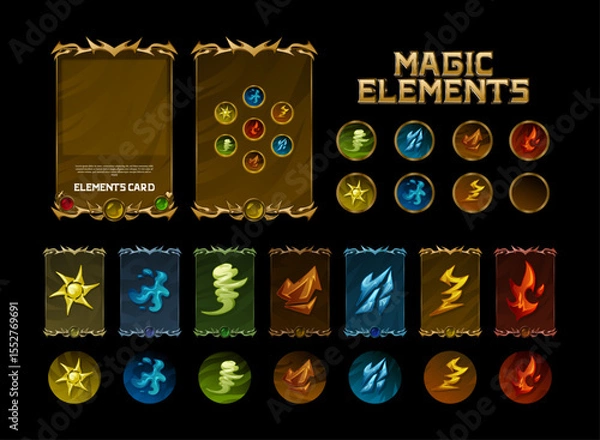 Fototapeta set of magic elements card tcg game with fantasy ancient gothic medieval theme with fire, sun, water, wind, earth, lightning, fire button spell symbol