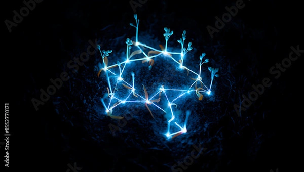 Obraz Glowing blue network connects delicate seedlings emerging from dark soil: Quantum Garden Ecosystems