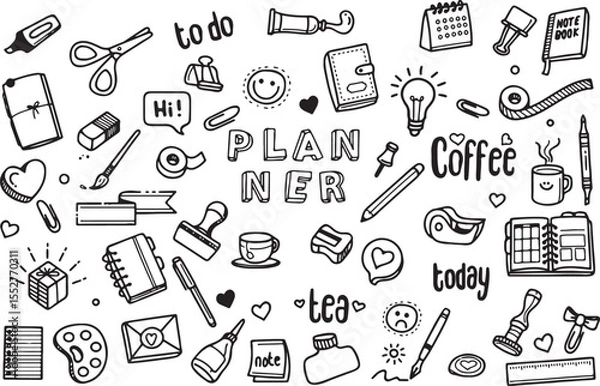 Fototapeta  Daily Planner Doodle Icon Set – Organization, Schedule, Coffee, Notes, Journal, To-Do