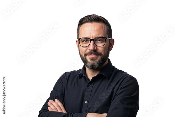 Fototapeta A serious man with glasses and a beard, arms crossed, isolated on transparent background