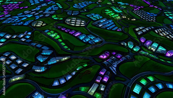 Obraz Futuristic glowing city scape at night with vibrant blue green and purple illuminated buildings: Quantum Garden Ecosystems