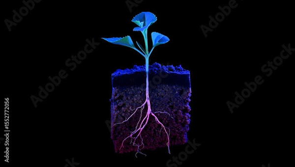 Obraz A vibrant plant seedling with visible roots illuminated by striking blue and purple neon lights against a black background: Quantum Garden Ecosystems