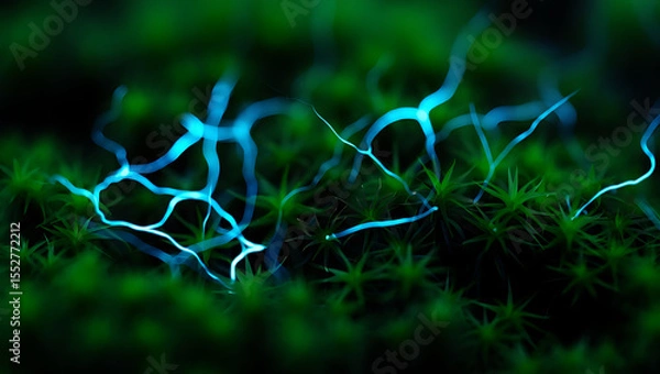 Obraz Abstract bioluminescent tendrils weaving through lush green moss in a macro nature scene: Quantum Garden Ecosystems