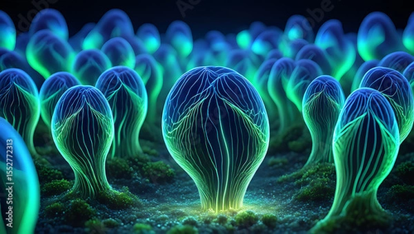 Obraz Bioluminescent alien flora with intricate veins glowing in a dark mysterious landscape: Quantum Garden Ecosystems