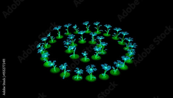 Obraz Bioluminescent coral like plants glow in a spiral pattern against a dark background: Quantum Garden Ecosystems
