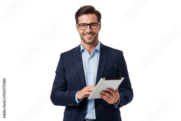 Fototapeta A smiling businessman in a suit holds a tablet, isolated on transparent background