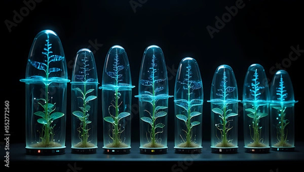 Obraz Futuristic bioluminescent plants growing in transparent pods under blue light: Quantum Garden Ecosystems
