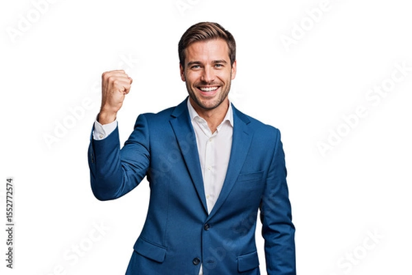 Fototapeta A happy businessman in a suit celebrates a victory, isolated on transparent background