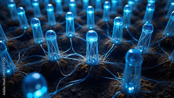 Obraz Futuristic bioluminescent organisms with glowing blue tendrils emerging from dark soil: Quantum Garden Ecosystems