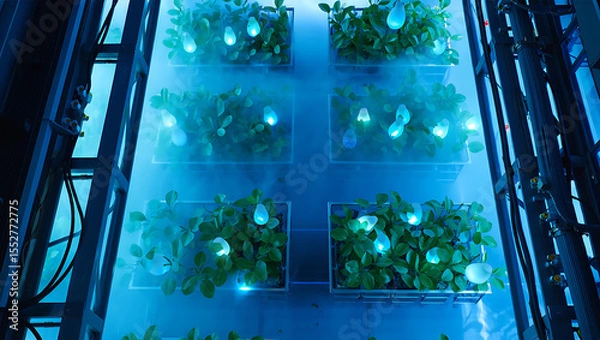 Obraz Futuristic vertical farm with glowing blue lights illuminating lush green plants in a misty environment: Quantum Garden Ecosystems