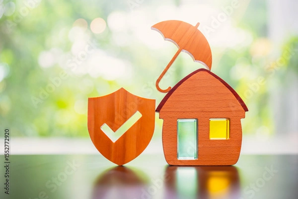 Fototapeta House model with umbrella and shield protect icon on wood table, concepts of contract to buy, get insurance or loan real estate or property background.	