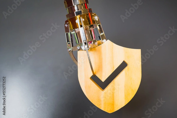 Fototapeta A robotic arm selects an insurance symbol with a checkmark, representing AI-powered personalized insurance choices for individual lifestyles.