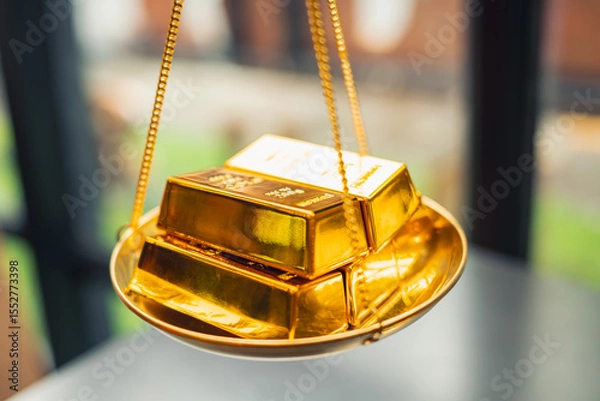 Fototapeta Gold with balance scale. Money management, financial plan, time value of money, Gold value and price concept. 