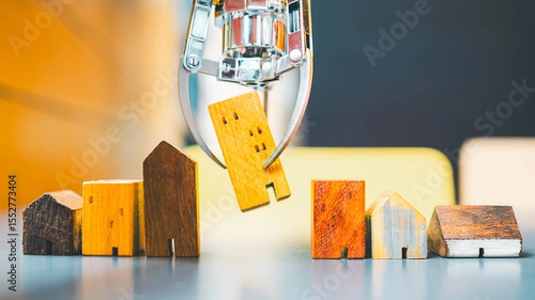 Fototapeta A robot lifting a house model, among others on a table, illustrates AI-powered real estate selection for optimized profit and minimized risk.