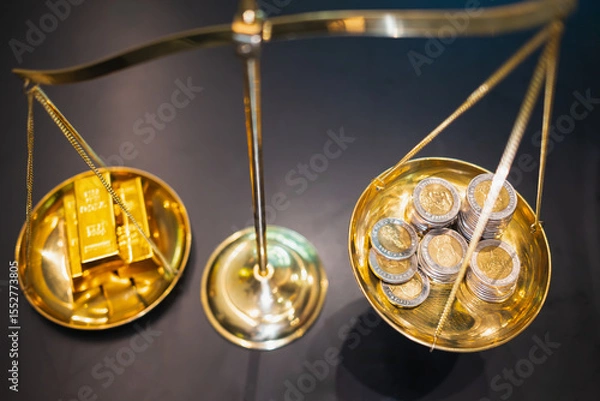 Fototapeta Gold and Coins stack with balance scale. Money management, financial plan, time value of money, Gold value and Creative ideas for saving money concept. 