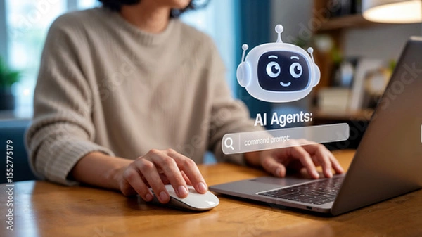 Fototapeta A woman uses a laptop to interact with an ai agent, represented by a friendly robot icon, to issue commands and receive assistance