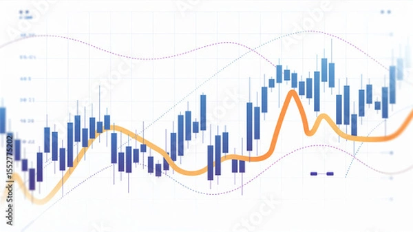 Fototapeta A detailed candlestick chart displays stock market trends with moving averages, highlighting price fluctuations and potential investment opportunities