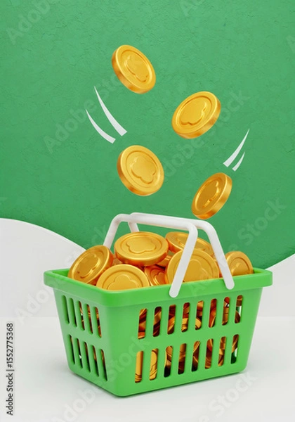 Fototapeta A green shopping basket overflowing with gold coins and more coins falling into it symbolizes financial success and wealth
