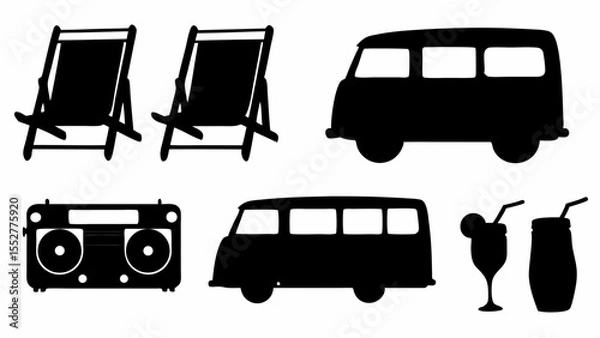 Fototapeta "Rolling Vibes & Reclined Times: A Retro Silhouette of Camp Vans, Deck Chairs, and Drinks Under Open Skies."