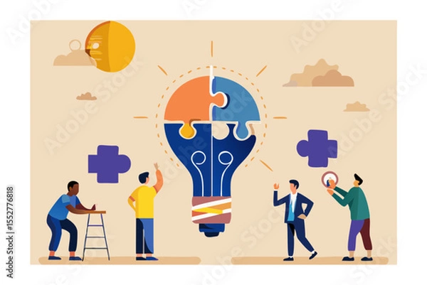 Fototapeta Diverse team collaborates to build a bright idea lightbulb puzzle