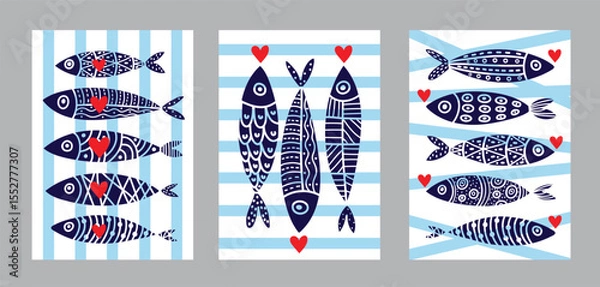Obraz Interior poster with sardines and hearts. Cute set. Vector illustration