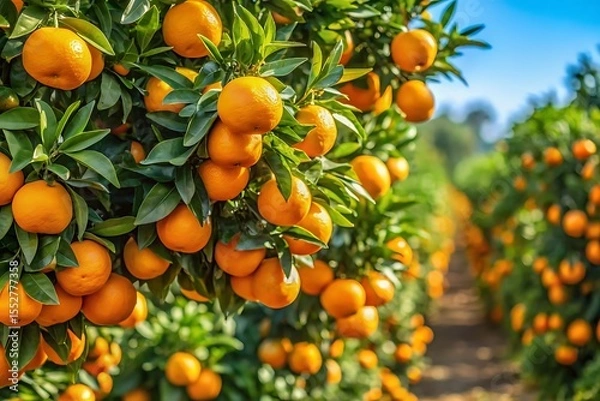 Fototapeta Row of orange trees with many oranges on the branches
